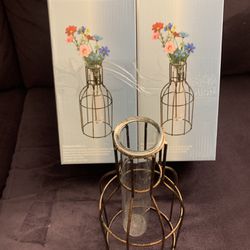 Set of 2 Modern Iron Art Geometric Succulent Glass Vases Flower Planter Pot 