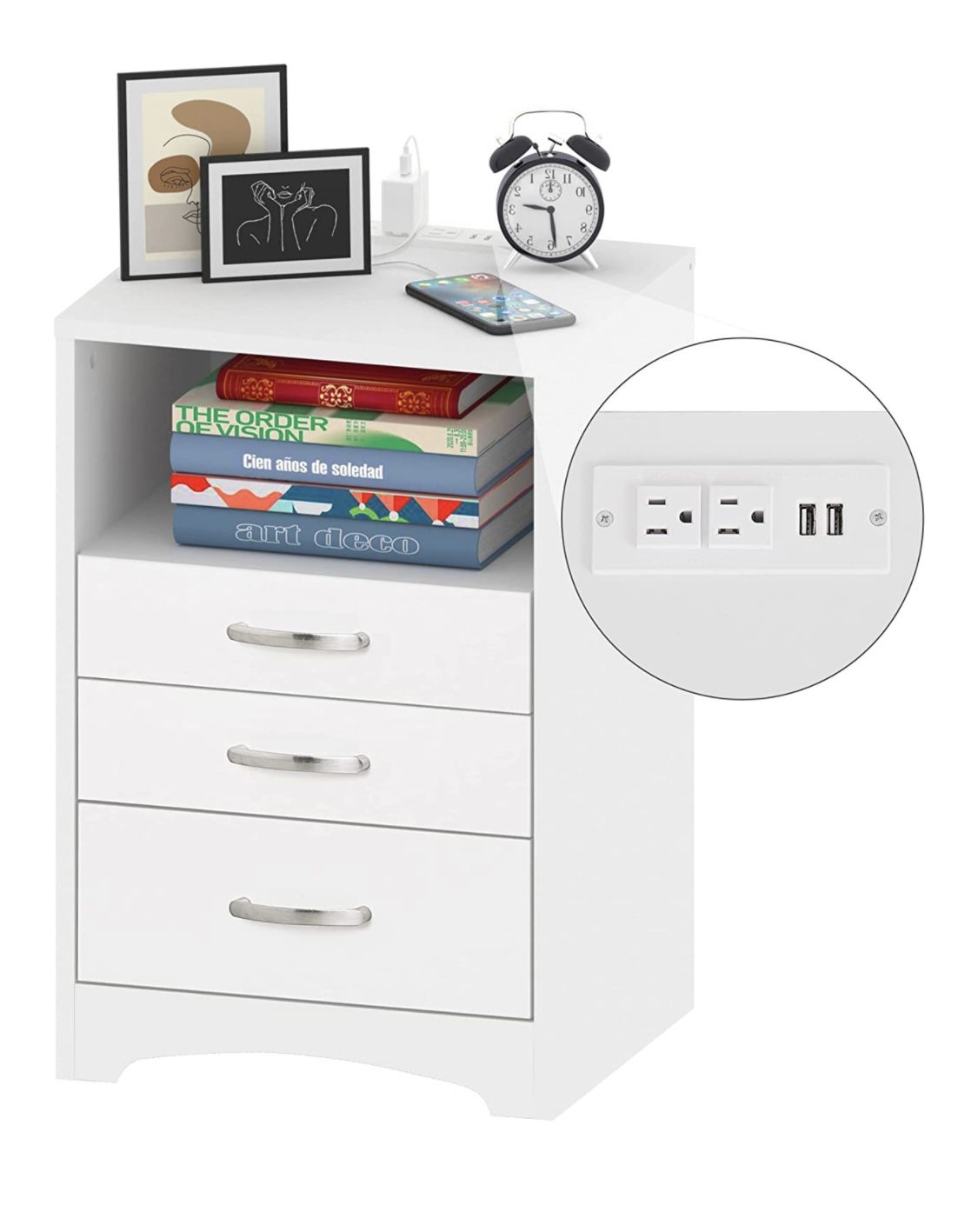 New Set Of 1 White Nightstand with Charging Station And 3 Drawers