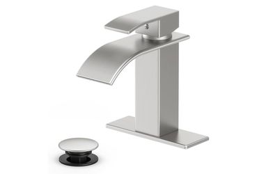 Waterfall Bathroom Faucet,Brushed Nickel Stainless Steel, 1-Handle Modern Bathroom Sink Faucet for RV & Outdoor Basins,Pop-Up Drain