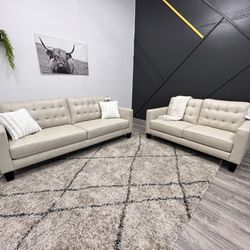 White Tufted Leather Couch Set - Free Delivery 