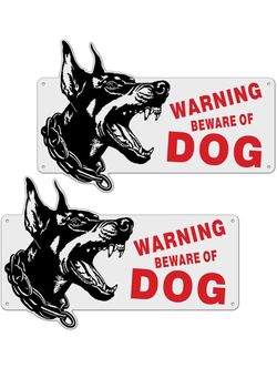 Metal Beware of Dog Sign 2 Pack, Weatherproof for Fence Gate Outdoor Metal Warning Sign Set of 2, Beware of Dog Signs for Fence, Ideal for Yard Farm G