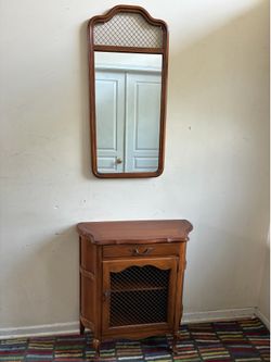 Vintage Hekman French Provincial Diamond Metal Lattice Hallway Foyer Console Cabinet with matching Wall Mirror