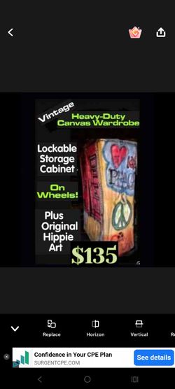 1960s  Hippie Art on Original Canvas Rolling Wardrobe & Storage Cabinet by Meese Co. 1930s-50s
