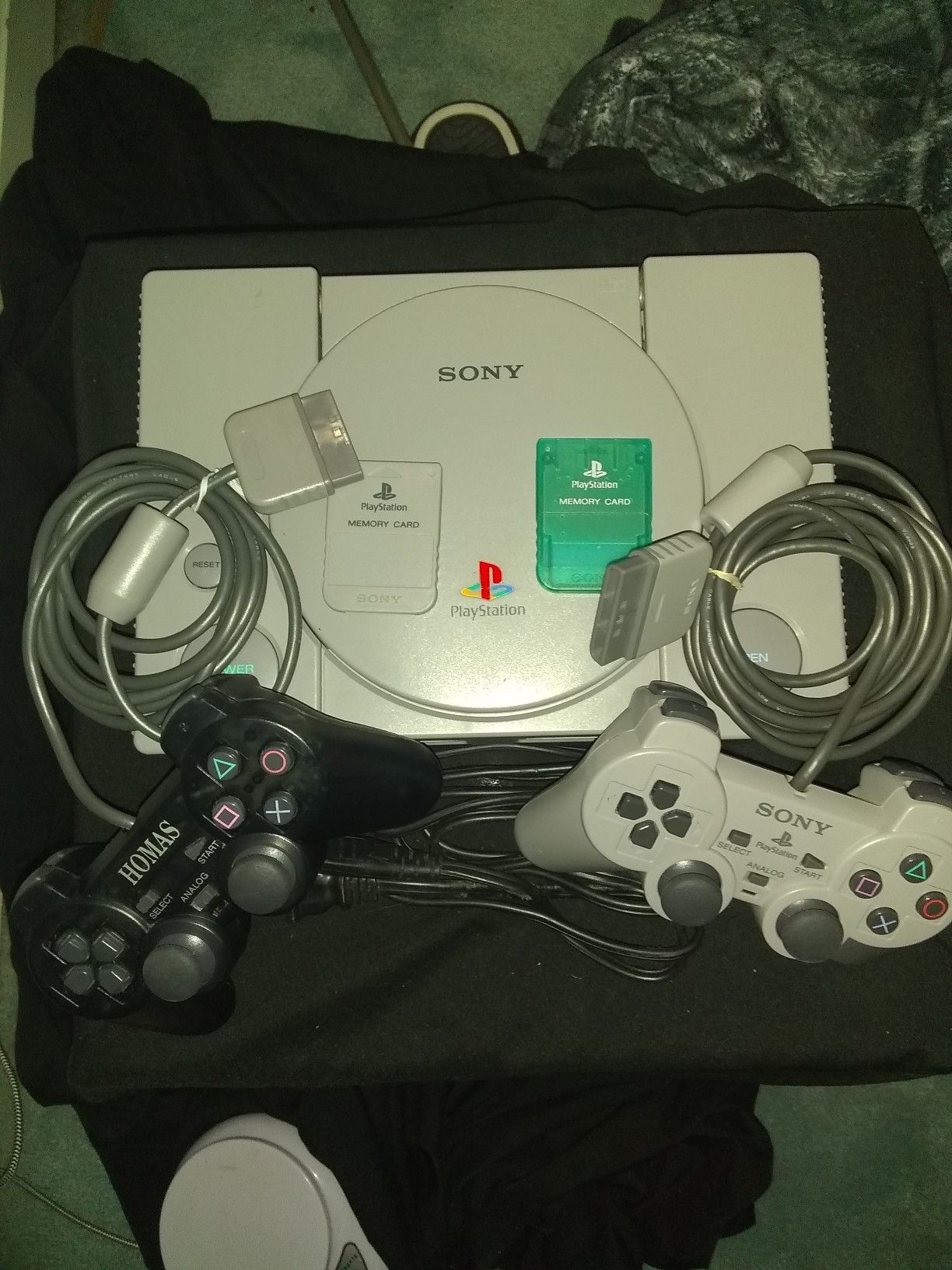 Playstation 1 with 2 controllers 2 memory cards modified system and burned games read description