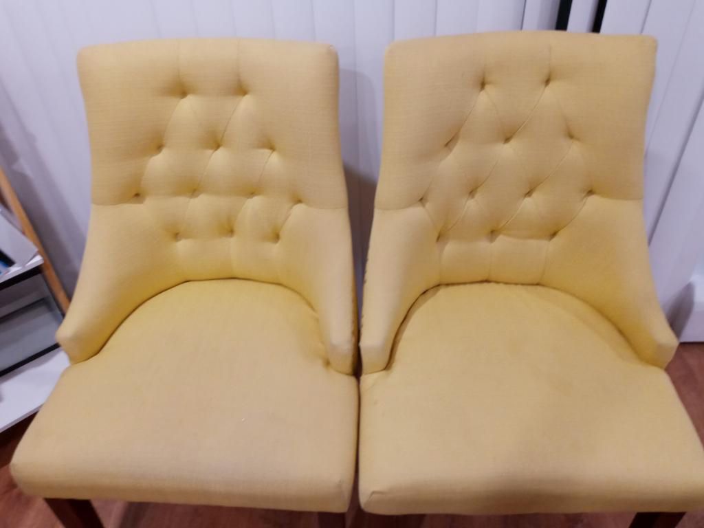  2 yellow accent chairs with mahogany legs