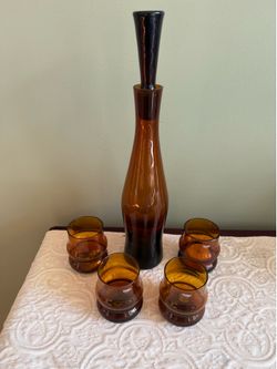 Mid-Century Modern Crate & Barrel "Ava" Amber Decanter & Tumbler Set