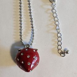 Strawberry Necklace Charm Rhinestones Silver Tone Chain Fashion Jewelry 10" Length