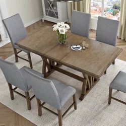 7 Piece Mid Century Solid Wood Dining Table Set
