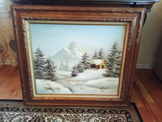 Winter Scene Cabin in The Mountains Painting 32" x 27