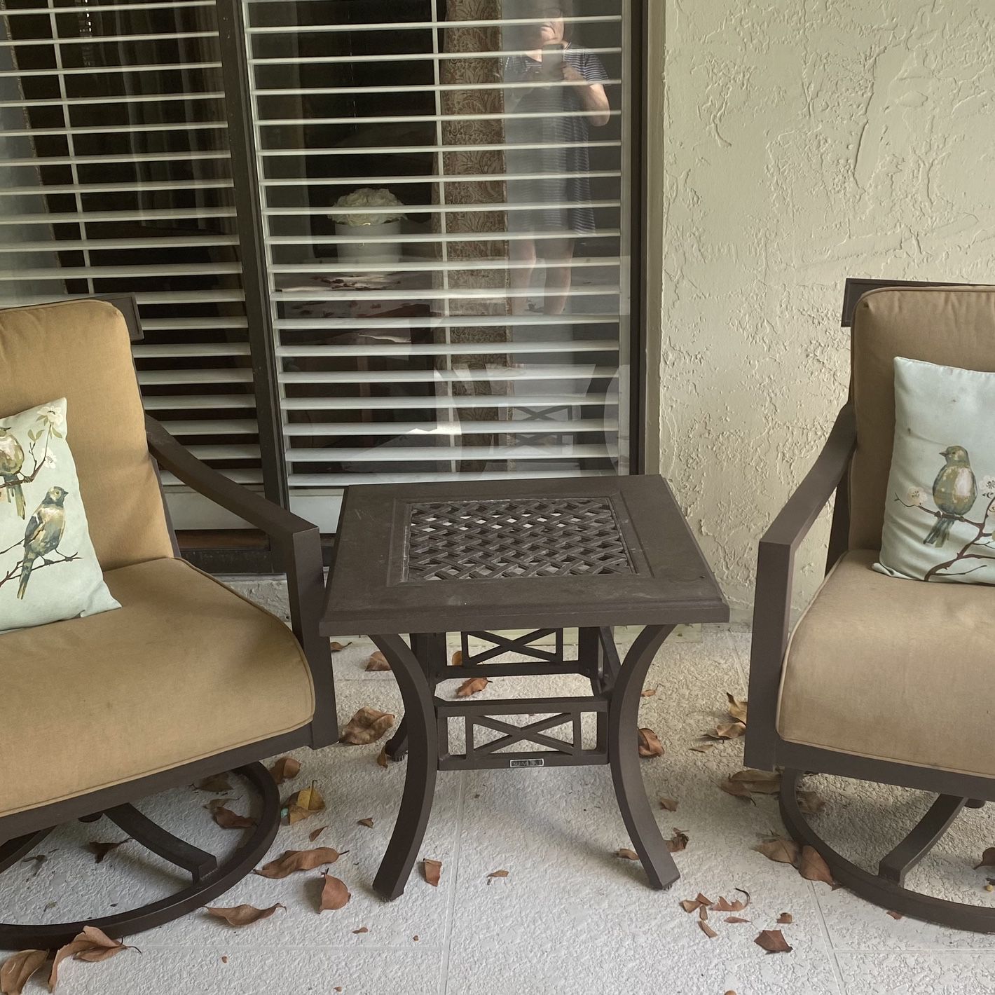 Two Swivel Rocking Chairs & Table