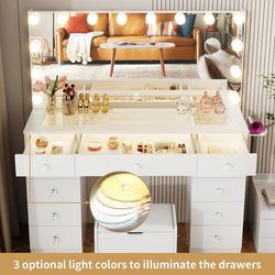   Vanity with Lighted Mirror - Glass Top Makeup Vanity Desk with Lights and 11 Drawers, 3 Color Lighting Modes Adjustable Brightness, 46" Mak