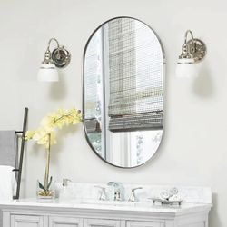 New 24x36 Chrome Mirror Oval Polished Silver Bathroom Mirror Stainless Steel Frame Hangs Vertical or Horizontal