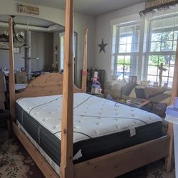 Solid Wood Queen Four Post Bed + Beautyrest Mattress + Box Spring