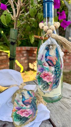 Handmade oyster shell ornaments- colorful peacock/ host hostess gift/coastal decor