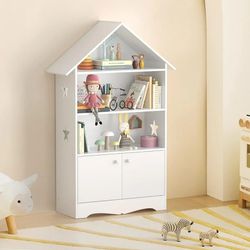 Kids Dollhouse Bookshelf, Large Wooden Kids Bookshelf and Toy Storage with Doors, 3-Tier Open Display Organizer and 1-Tier Hidden Storage Dollhouse Bo