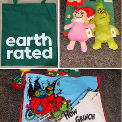Dr. Seuss' Grinch Cat Crinkle Book, Grinch & Cindy Lou Who Mini Plush, Green branded bag 