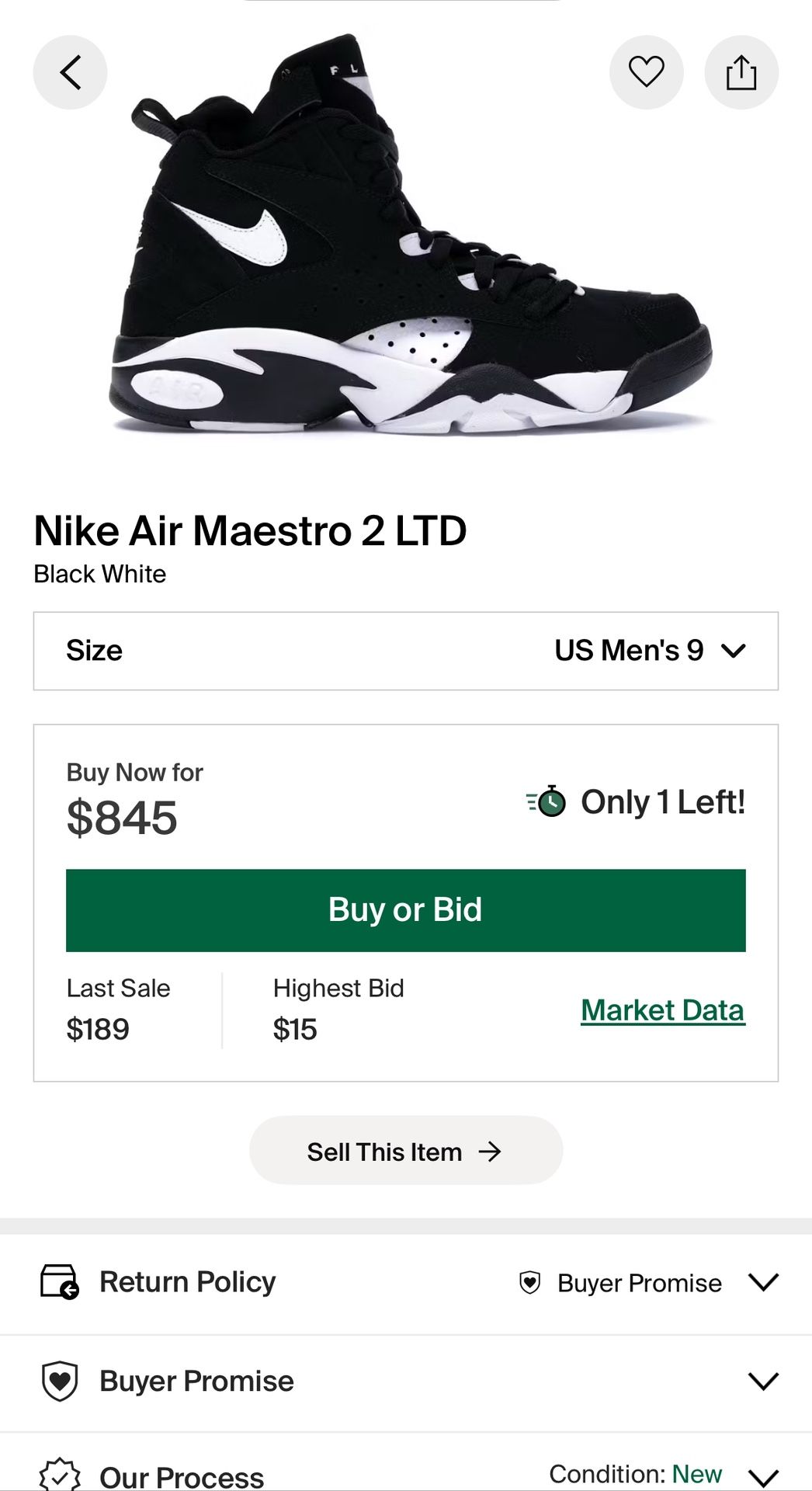 Nike Air Maestro 2 LTD Limited Size: 9 Mens Style: AH8511-001 Black/White Brand New (No Box)