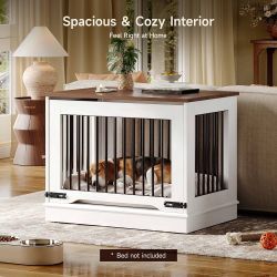 32 Inch Flip-Up Door Dog Crate Furniture for Medium Dogs Wooden Dog Kennel as Nightstand End Table, Fits Beagle, Corgi & Shiba Inu, Antique White & Wa