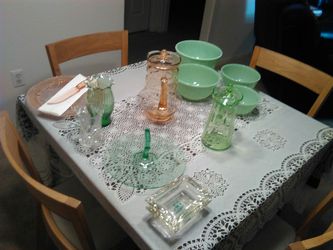 Green and pink depression glass