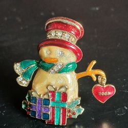 MONET Vintage 2005 Merry Christmas Holiday Enamel Rhinestones Snowman Brooch Pin