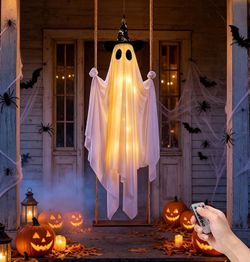 4.2FT Halloween Hanging Ghost Swing with Witch Hat, Adjustable Rope Decor
