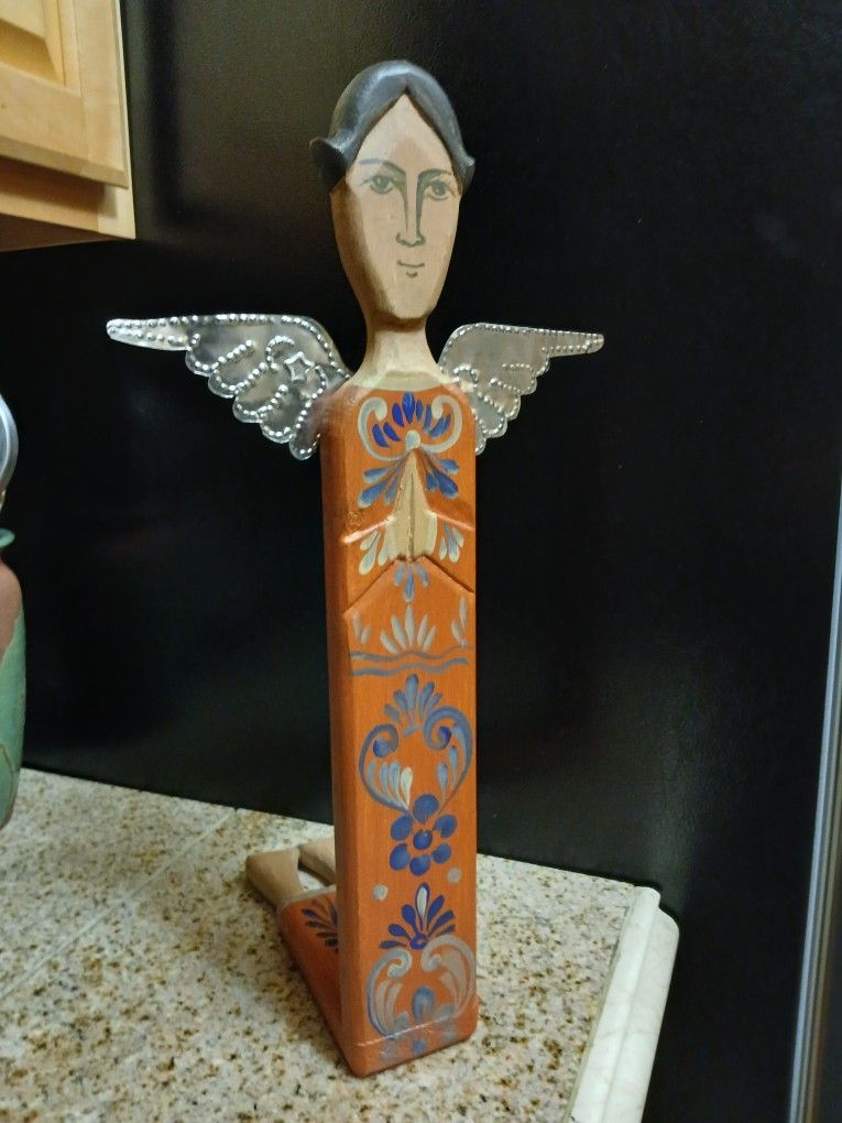 Vintage Kneeling Angel Artisan Crafted Wood 