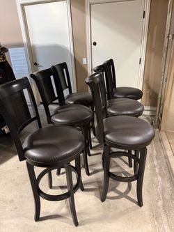 Set of 6 Dark Wood Swivel Bar Stools – Excellent Condition