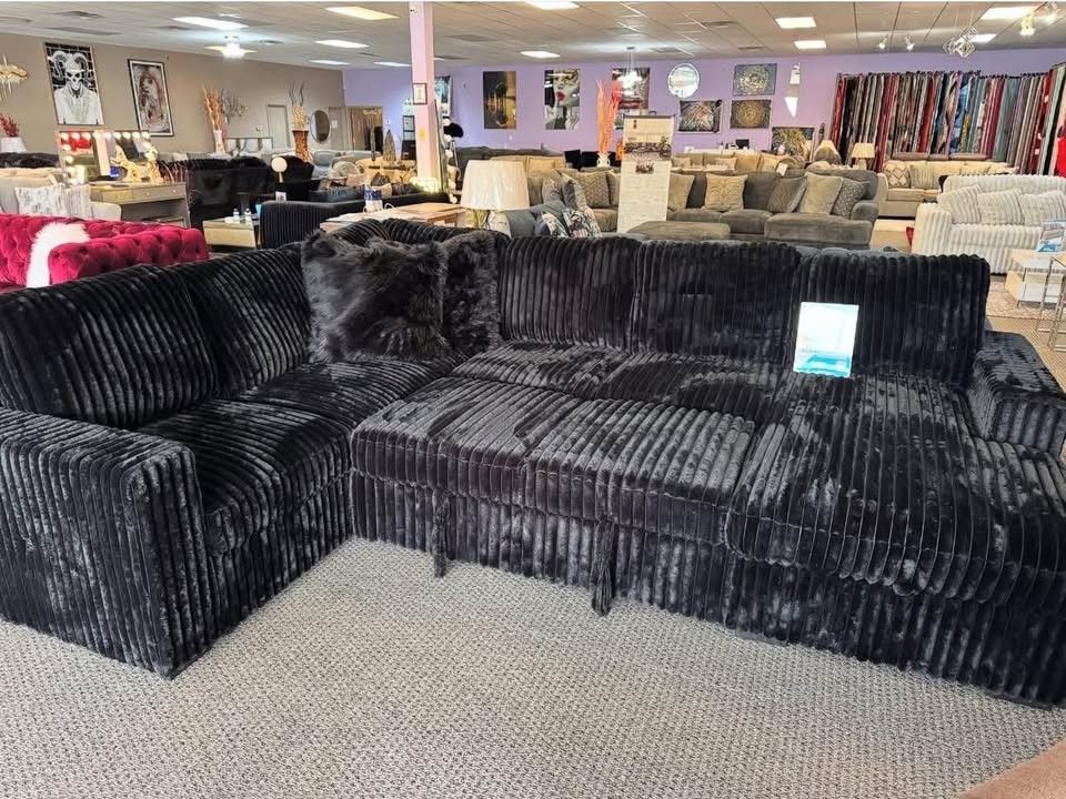 NEW BLACK CORDUROY U-SHAPED SECTIONAL W/ USB + BED + STORAGE BLACK OR GREY