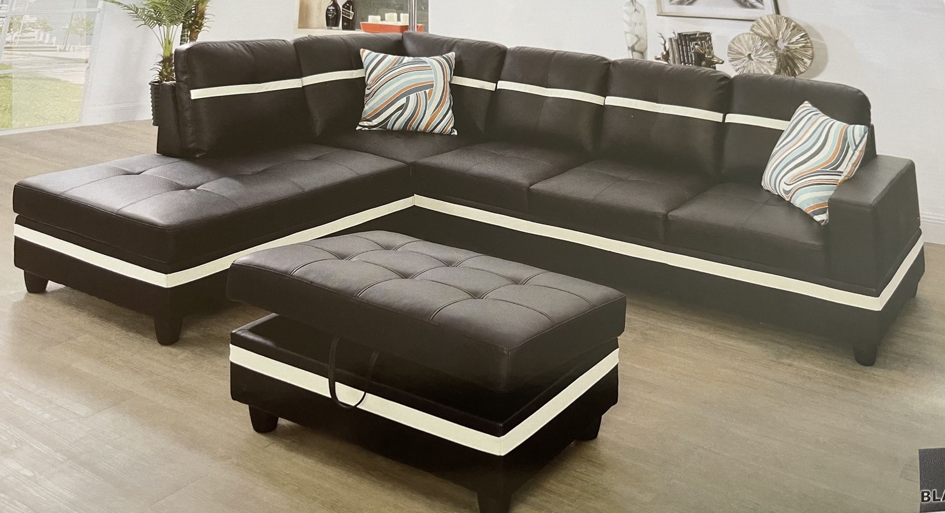 Black Leather Sectional Couch And Ottoman