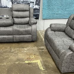 GRAY SUEDE RECLINER COUCH SET 
