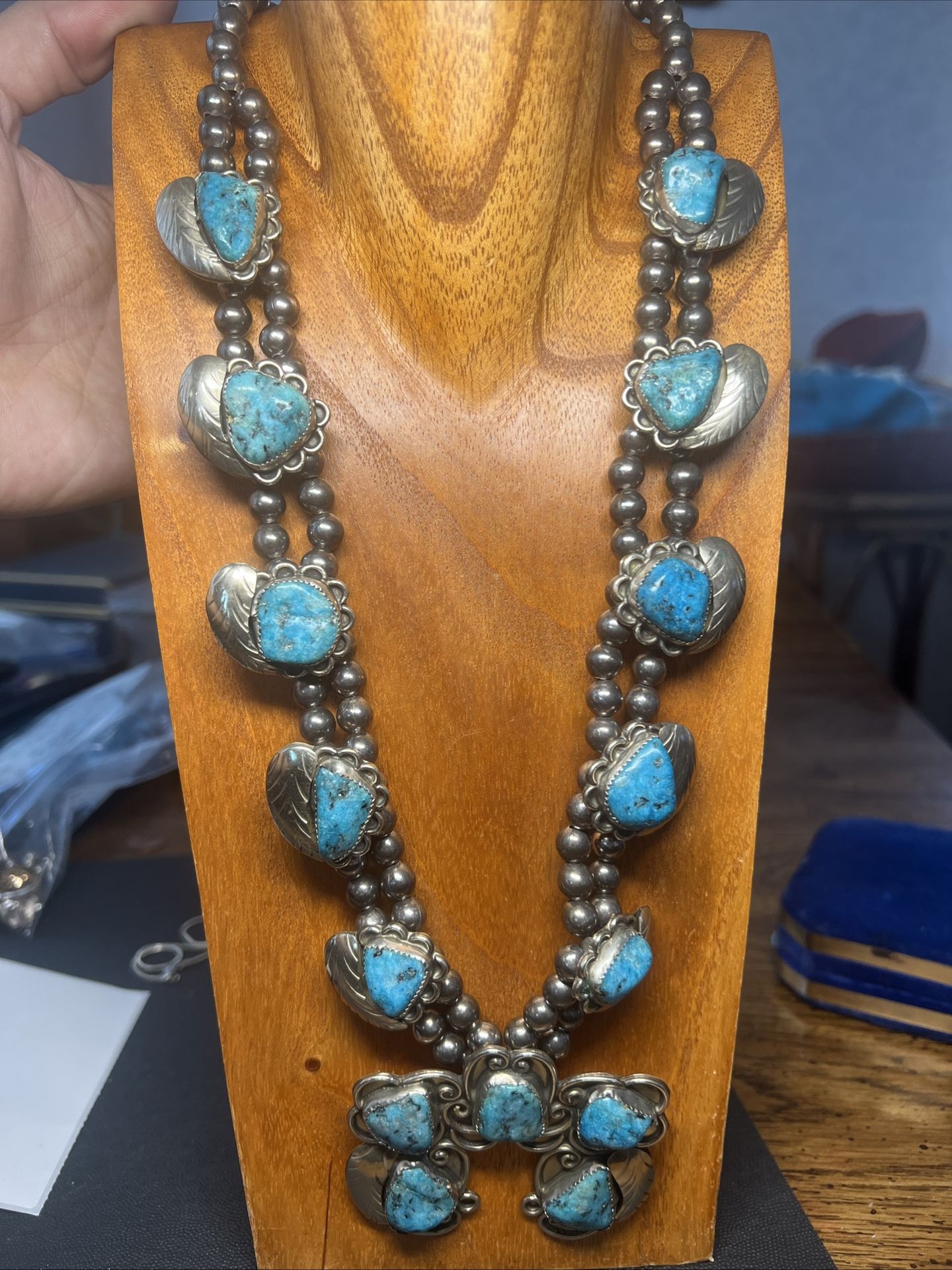 Vintage Turquoise and Silver Squash Blossom Style Necklace - Mexico