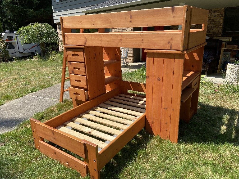 Wood Bunk Bed W/ Desk And Drawers