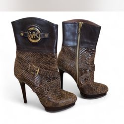 Michael Kors , Size 8, Platform Brown Leather Pointy Boots With Stiletto Heel and Gold Buckle Accents