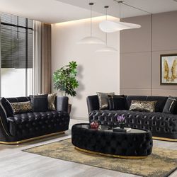 Luxury Black Velvet Sofa and Loveseat Set