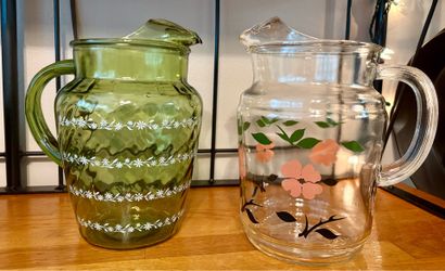 Like New: A Pair of Vintage, MCM Glass Water/Lemonade/Iced Tea Pitchers w/ Ice Lip