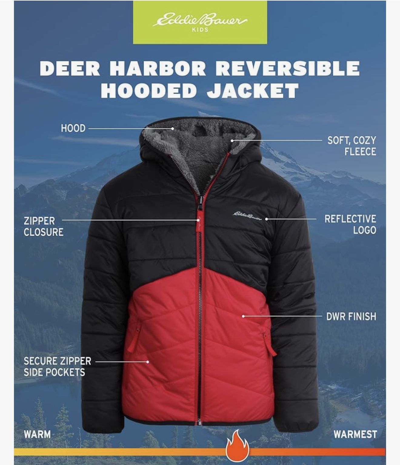 Eddie Bauer Boys' Reversible Jacket Waterproof Lightweight Fleece Lined Hooded Puffer Coat -XS 5-6
