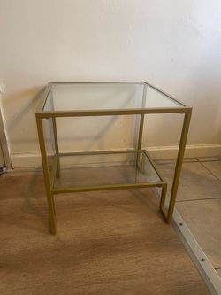 Square Gold finish side table with shelve, handcrafted metal frame, tempered glass