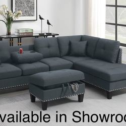 Charcoal Gray Sectional Sofa Storage Ottoman Ottoman Accent Pillows Nailhead Trim Cup Holders 6x8
