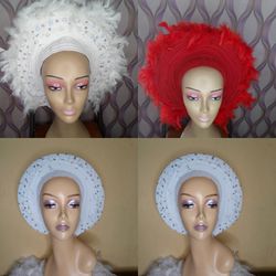 Beautiful ready made gele with feathers