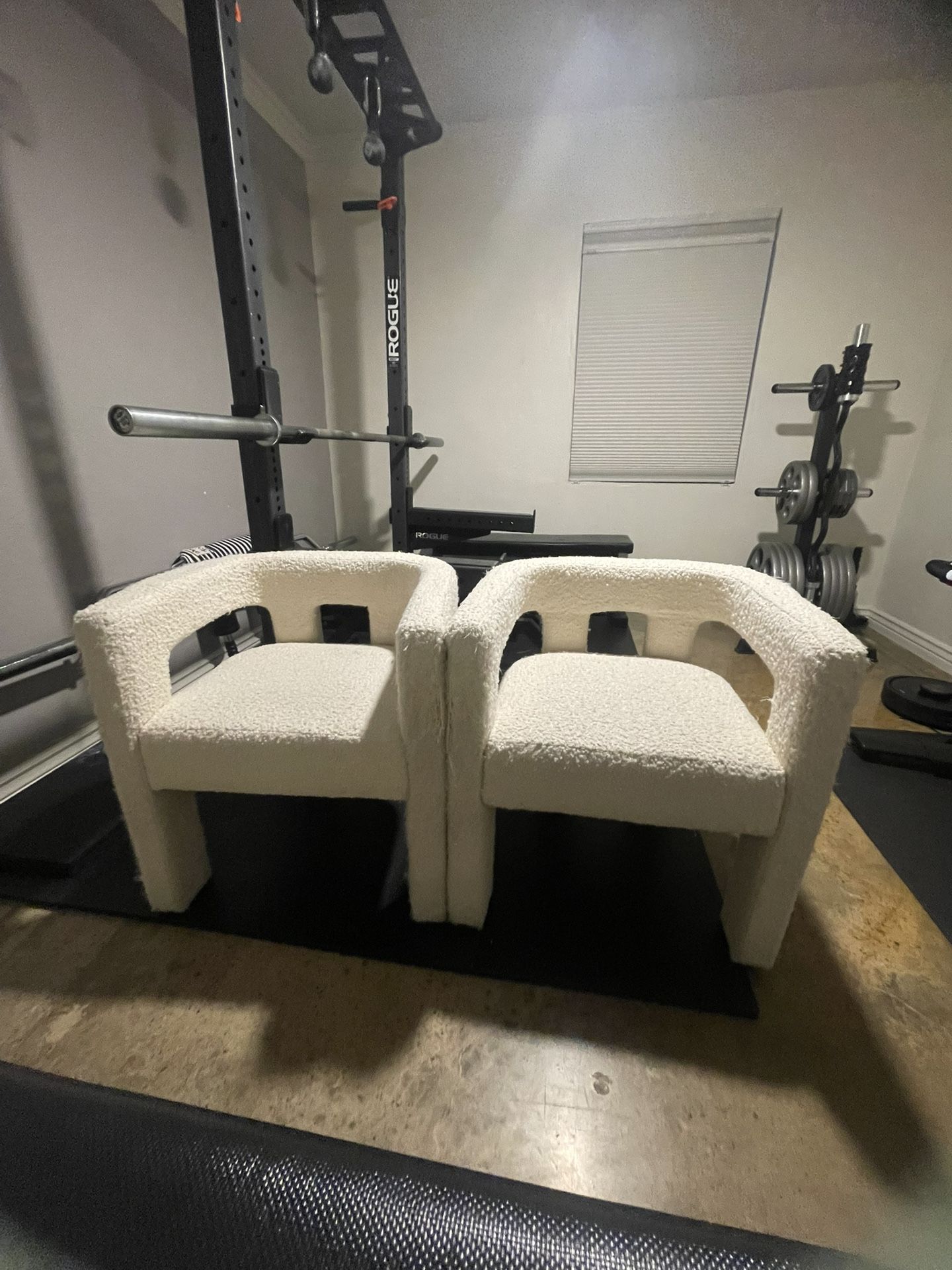 Two Used CB2 Stature Ivory Dining Armchair