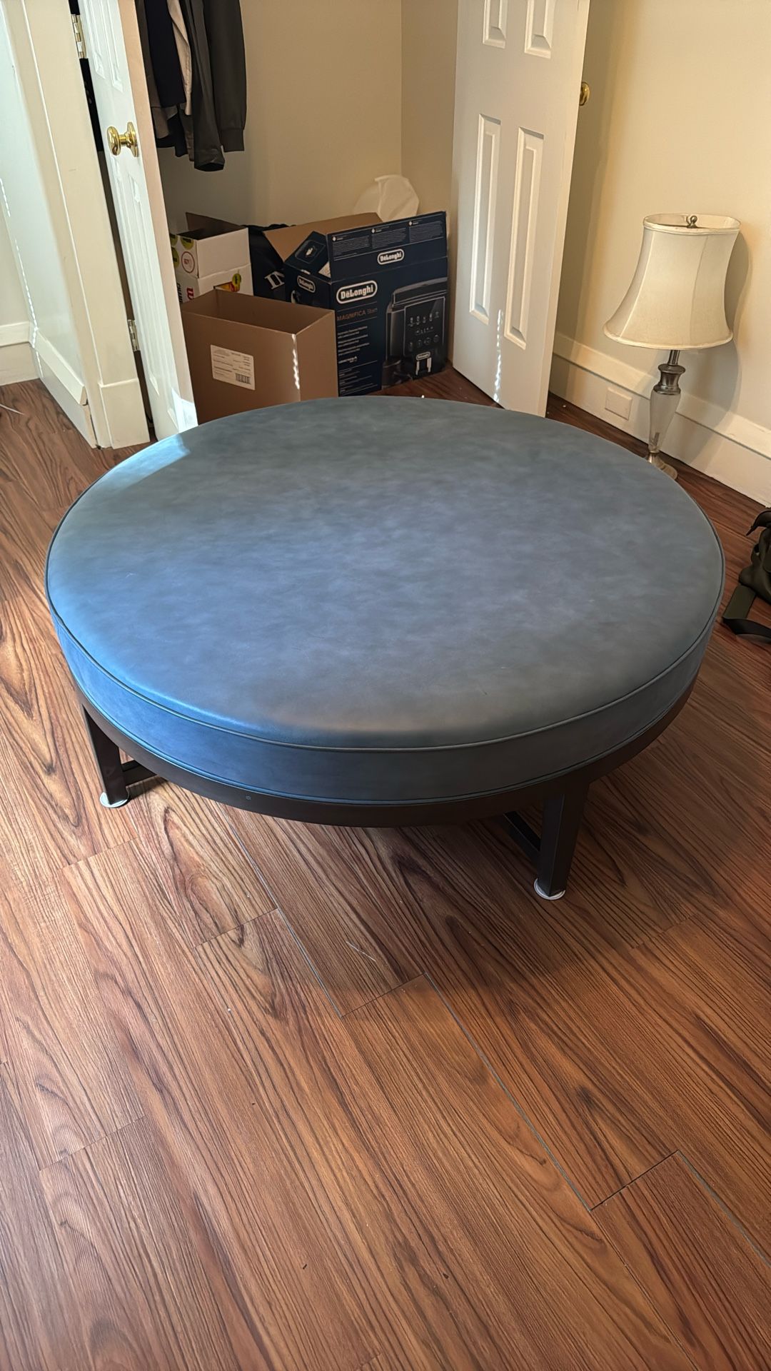 Round Blue Leather Ottoman – Modern & Sturdy