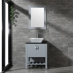 24” Bathroom Vanity Cabinet w/ Mirror & Glass countertop Modern Gray Large Capacity