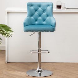 Upholstered Dining Adjustable Seat, High Back Stool Bar Chair Teal Tufted Barstool 