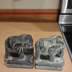 (2) Heavy Solid Carved Stone Elephant Bookends 