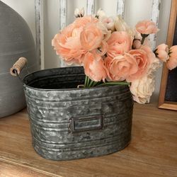 Metal Bin And Bundle Of Faux Flowers $10