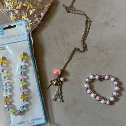 Brand New Paris Necklace And Pink Bracelet And Beaded Necklace
