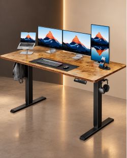 55x27 Inch Electric Standing Desk, Height Adjustable, Rustic Brown 176 Lbs Capacity, Smooth Home Office Desk, 4 Memory Presets & Headphone Hooks, 28.3