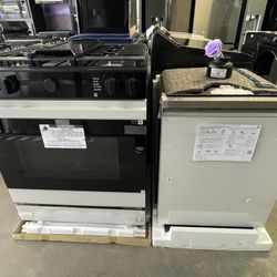Samsung Bespoke 2 Pc Kitchen Bundle - 30” Gas Slide In And Dishwasher In White Glass 