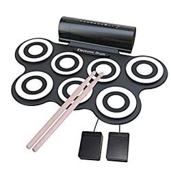 NEW! 7 Pads Electronic Drum Set, Roll Up Drum Practice Pad Midi Drum Kit with Headphone Jack Built-in Speaker Drum Pedals Drum Sticks 10 Hours Playtim