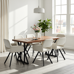 Homy Casa Leonard California 7PC Dining Set 63" Table with 6 Beige Swivel Upholstered Chairs, Black Legs